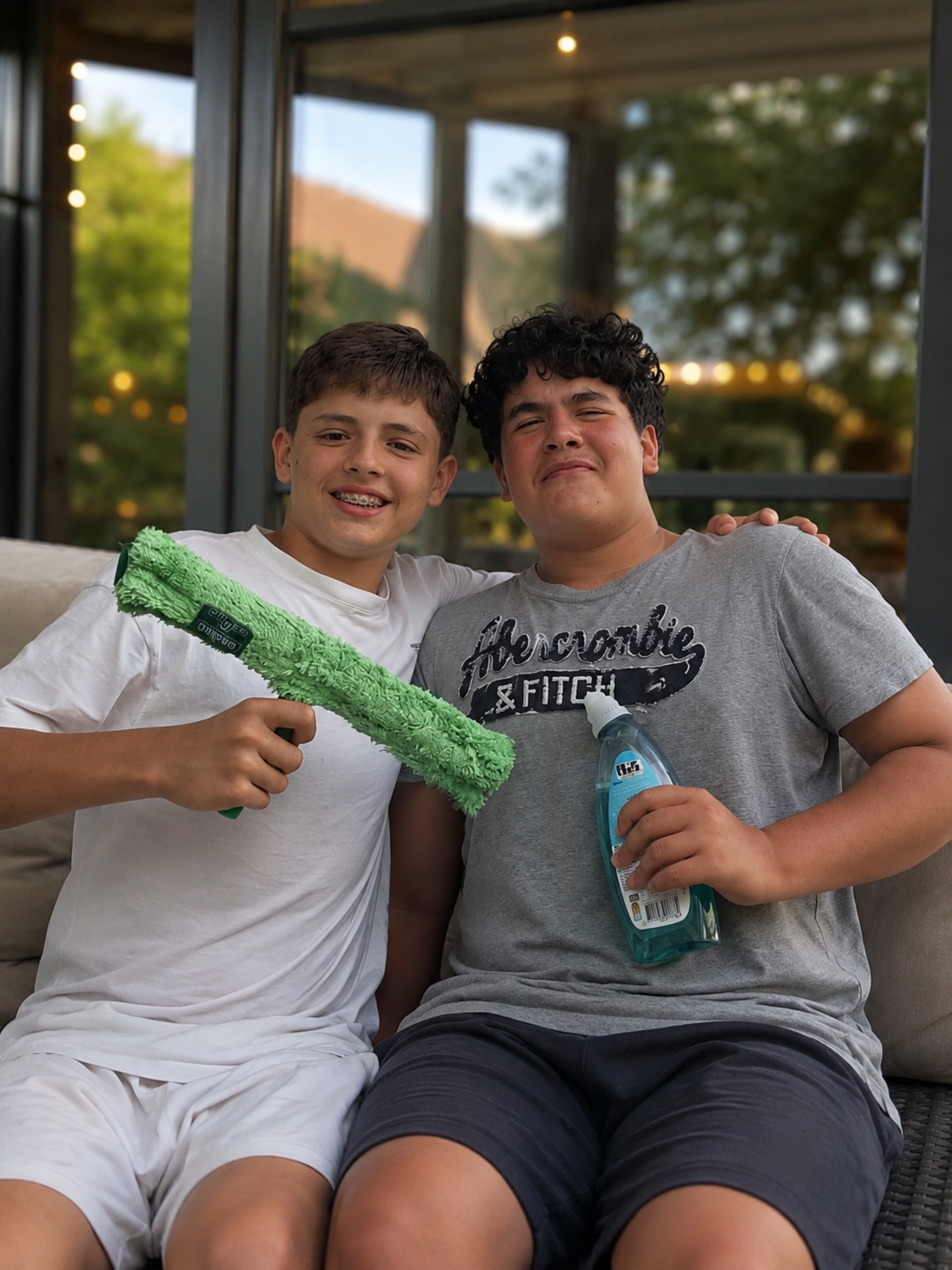 Noah und Noah mit Fensterwischer und Glasreiniger